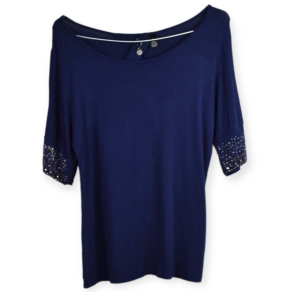 BKE Boutiue Blouse M Womens Navy Embellished Beaded Cut Out Back Boat Neck - Picture 1 of 8